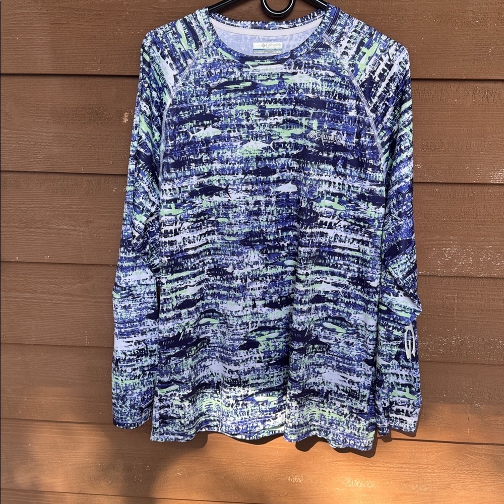 Columbia PFG Blue and Green Fish Patterned Men’s Long Sleeve Shirt size M